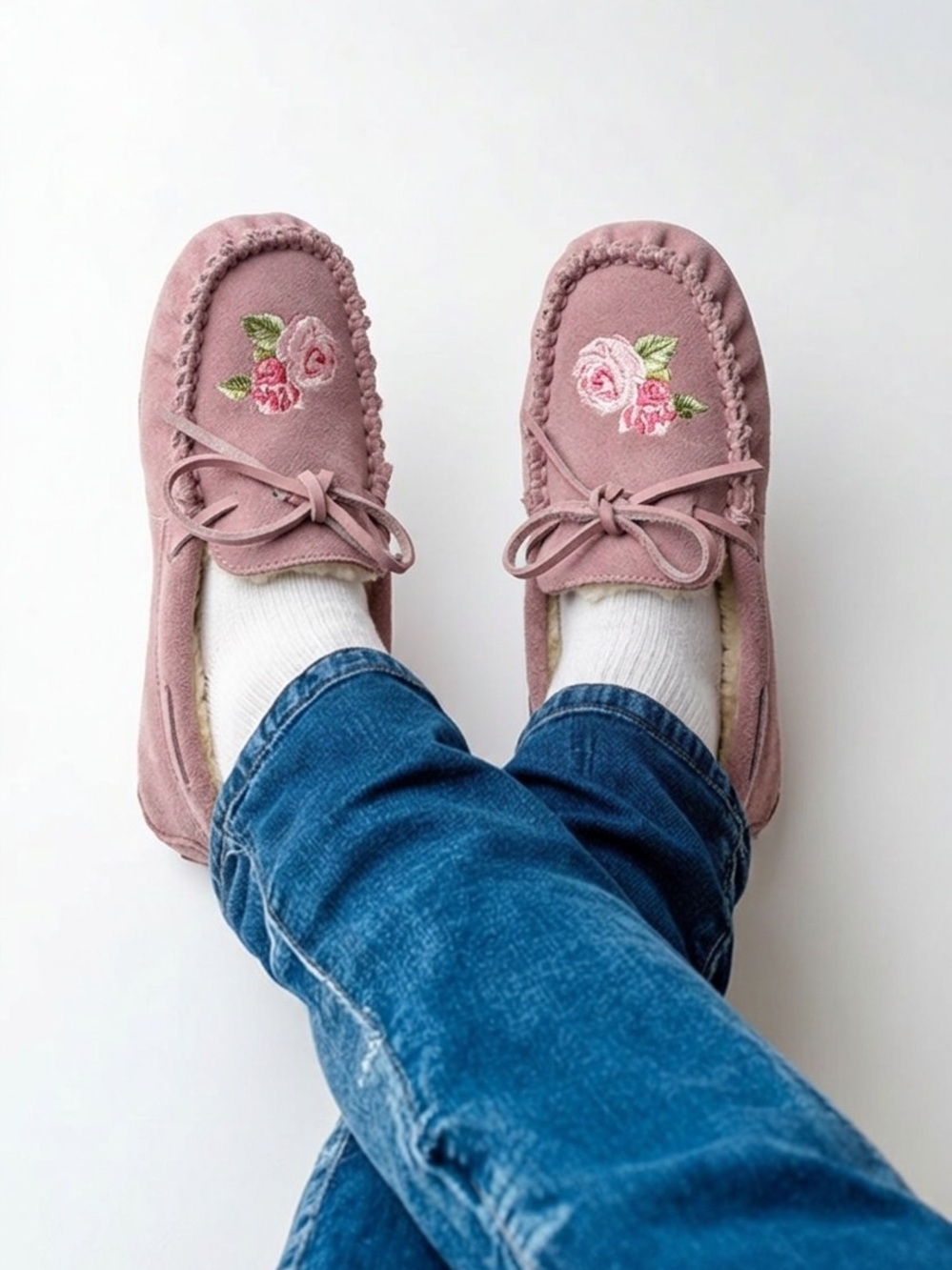 The Bradford Exchange Pink Suede Floral Moccasin Slippers